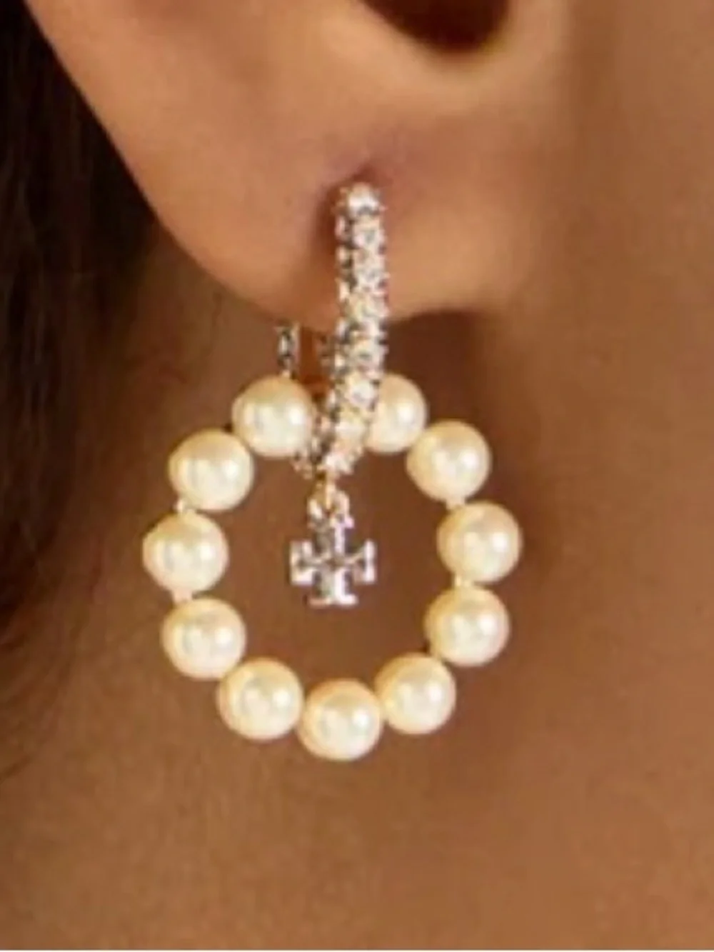 NWT Tory Burch Moondance Pearl Hoop Earrings Gold Crystal Pavé Double T Charm